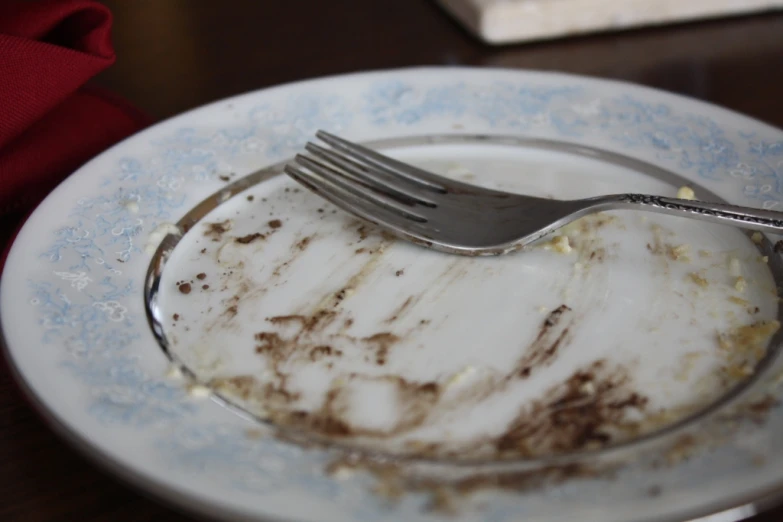 a white plate with a fork and dirty dishes on it