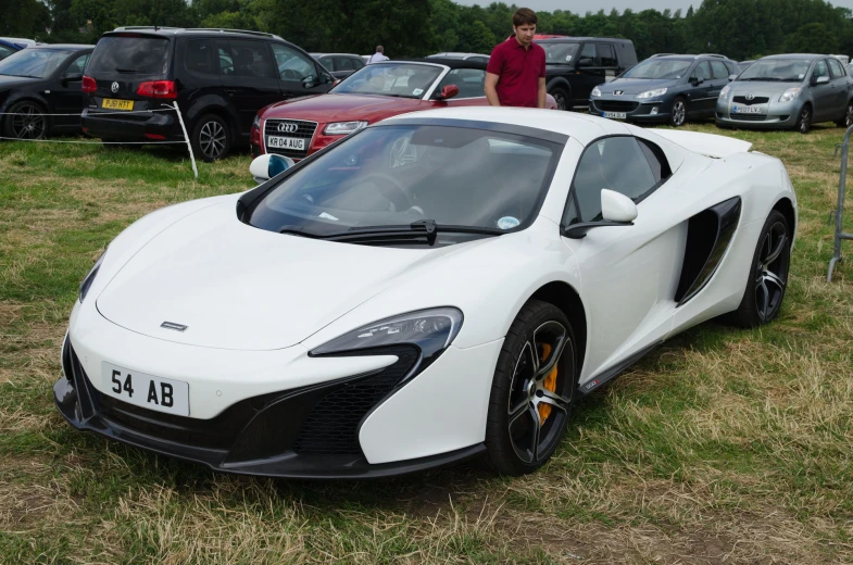 a person standing near a white sports car