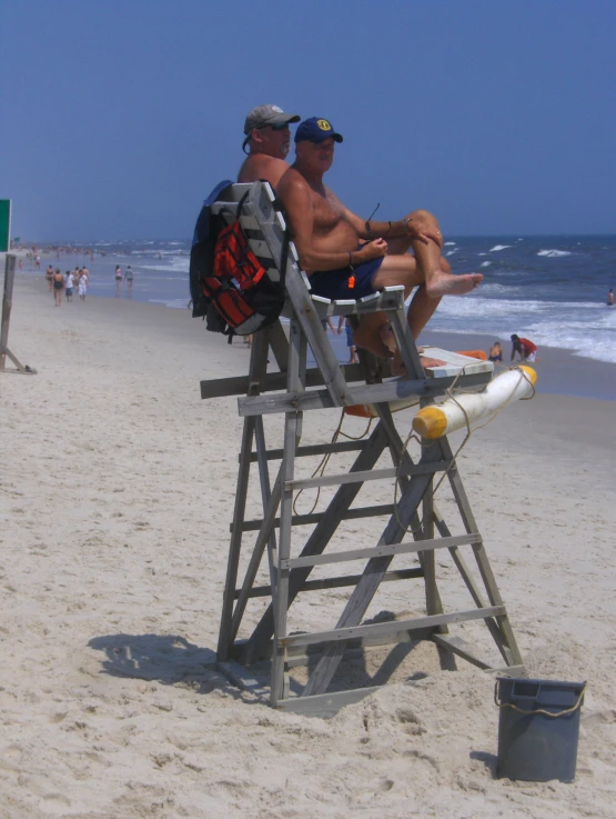 two people sitting on a lifeguards chair at the beach