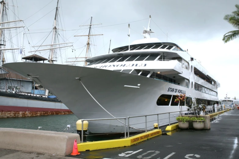 the large cruise ship is anchored in the harbor