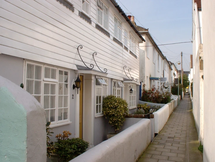 some white houses and bushes in front of them