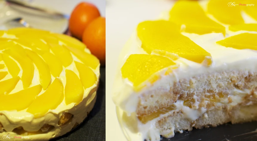 there is a cake that is decorated with lemons and has white icing