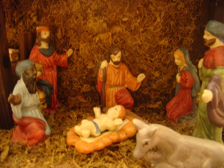 a nativity scene with fake sheep and birth scene