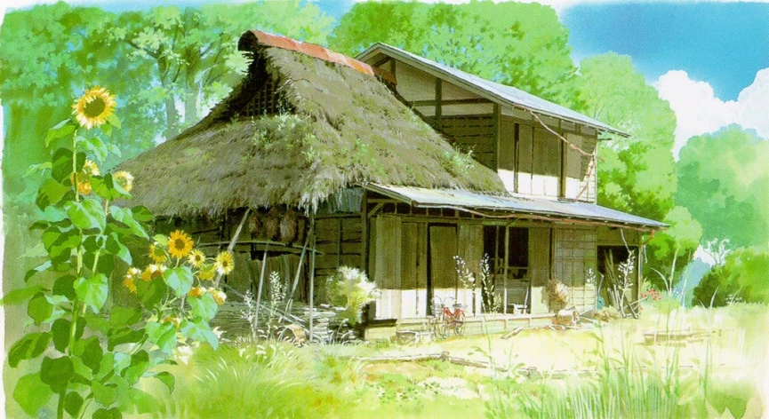 a hut sitting next to a tall tree