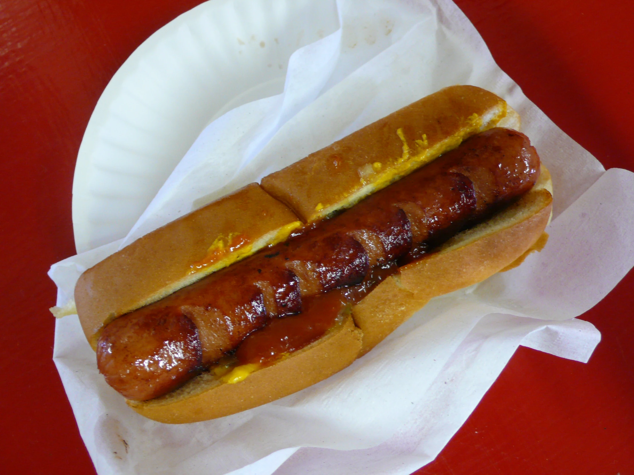 the  dog on the paper plate is served with ketchup