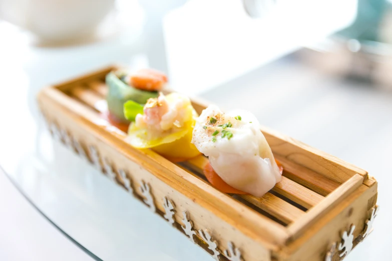 food items are displayed in a rectangular wooden box