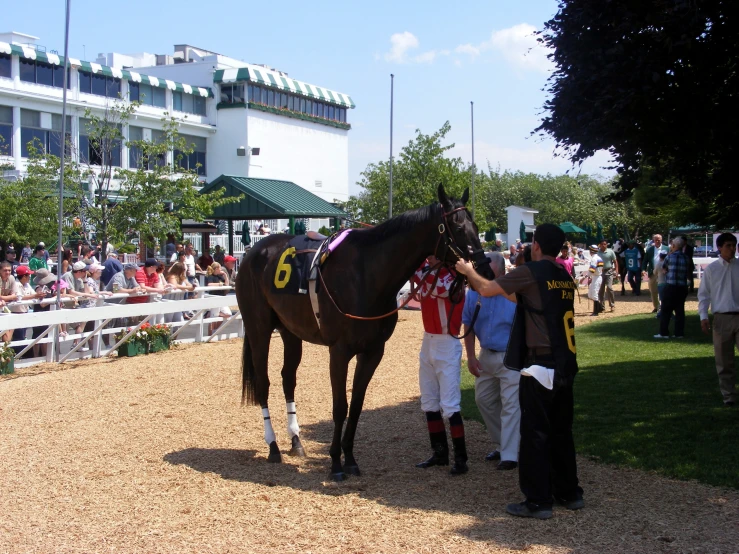 a man standing on top of a horse in front of a crowd