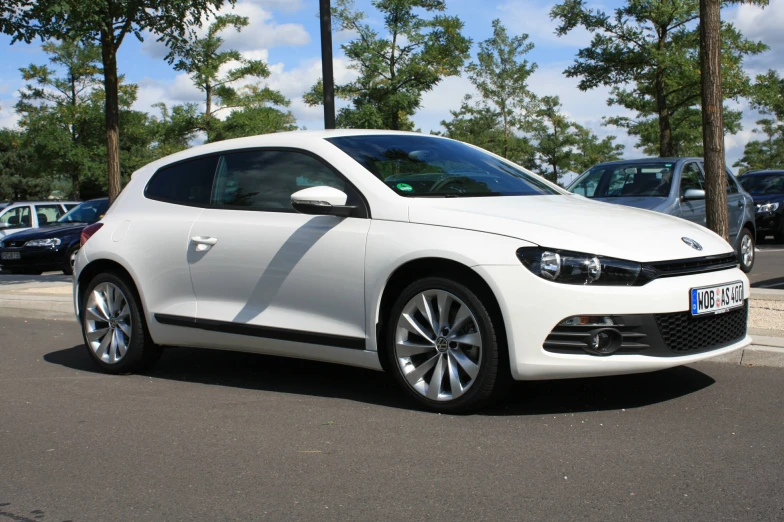 a white car parked in a parking space on the side of a road