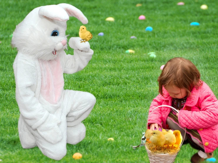 a girl is playing with a giant bunny costume