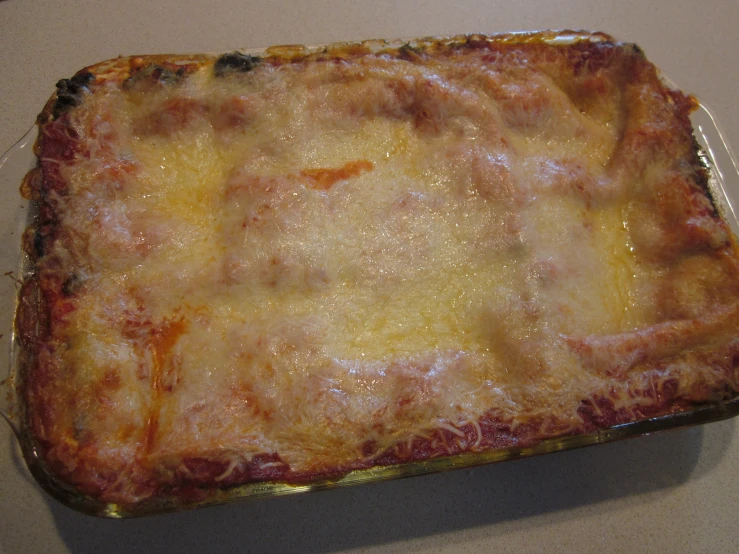 a square casserole is baked and it is ready to eat