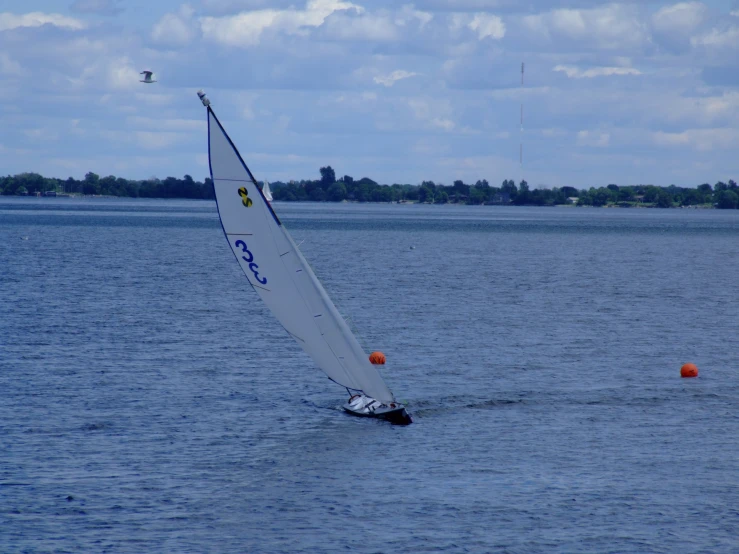 a sail boat in the middle of some water
