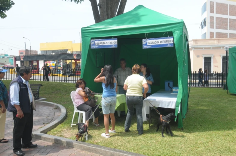 the people are in the tent with their dogs