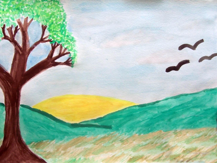 a drawing of a tree in the middle of an empty field