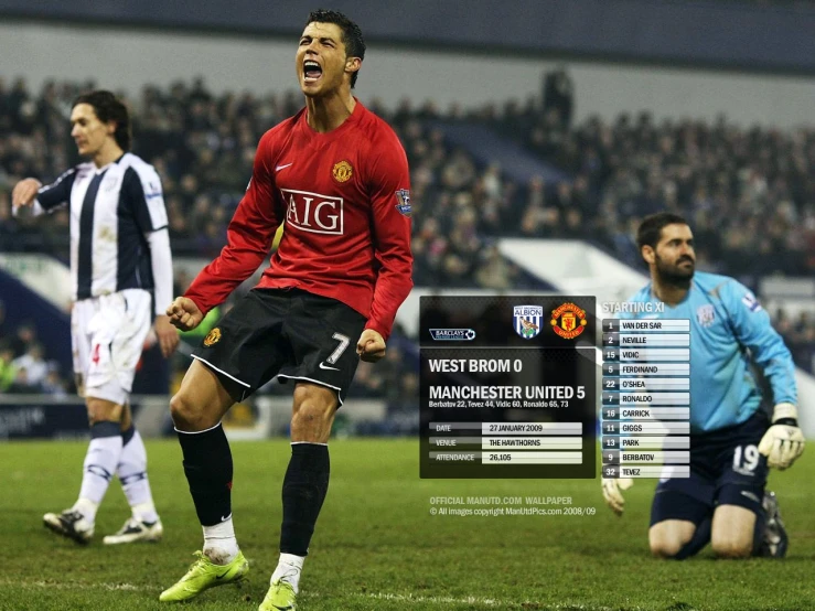 the young man is celeting his goal in a soccer match