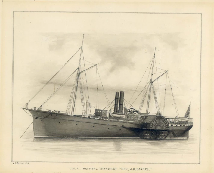 this drawing depicts a large ship and a smaller boat