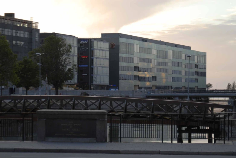 an urban area with a bridge and a building