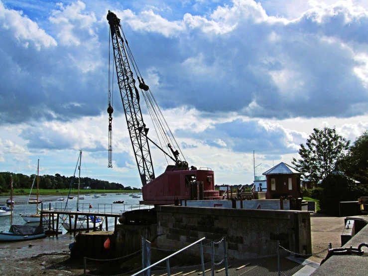 a crane is perched on a small wall near the water