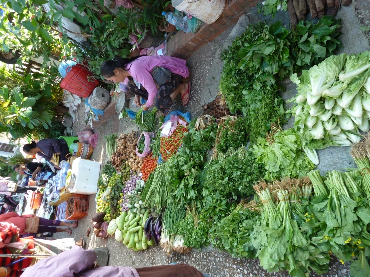 a lady sitting at a market table with lots of fresh produce