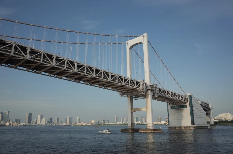 view from across the water of the bridge and surrounding city buildings