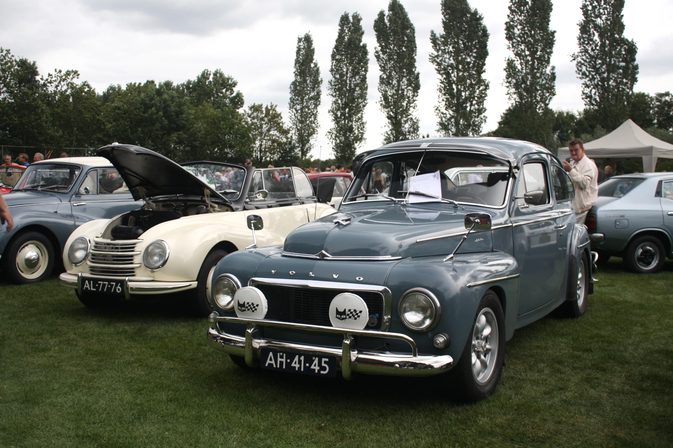 antique cars on display in the grass at an old car show