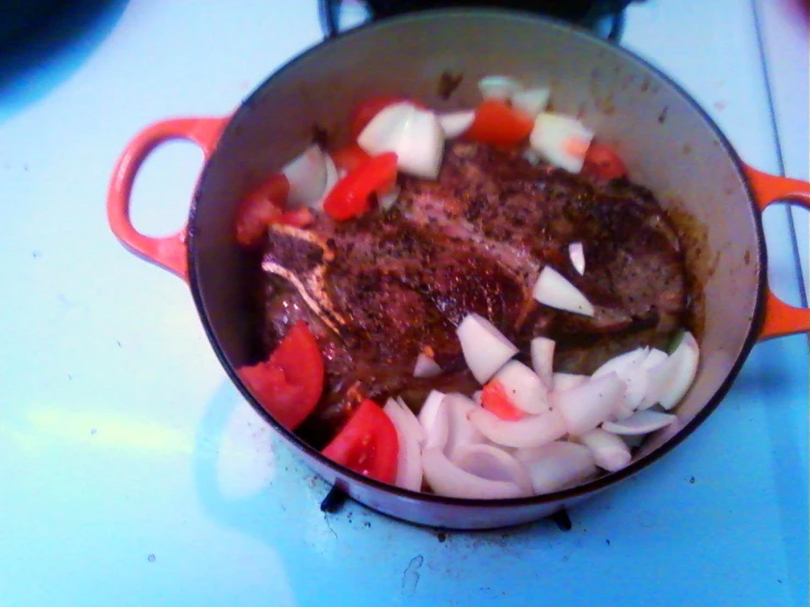 beef stew simmering in the pot with carrots and onions