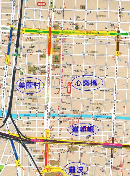 a map with blue circles and yellow lines in asian language