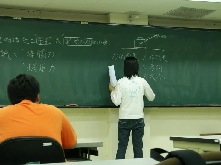 a girl is writing on a green blackboard