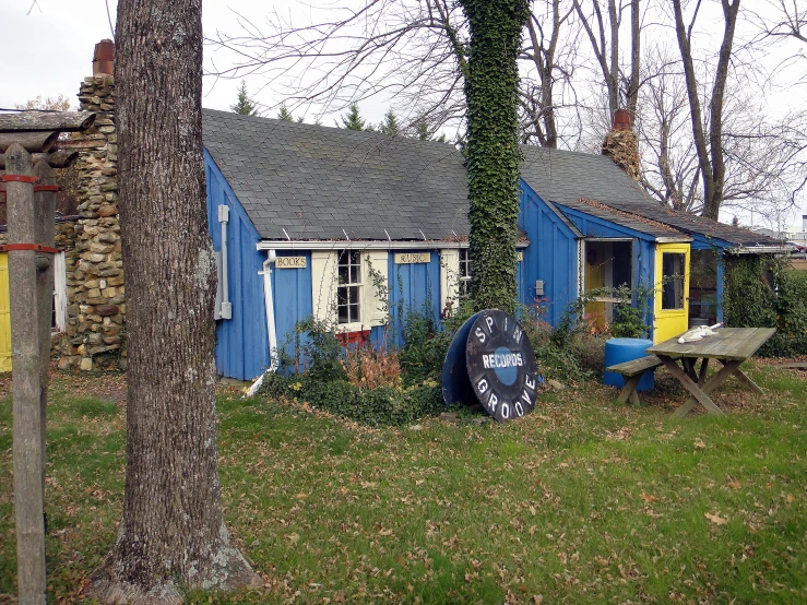 this is an old small blue and yellow house