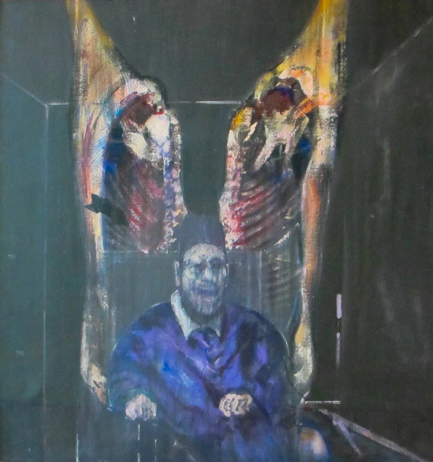 a painting of a man sitting next to another person