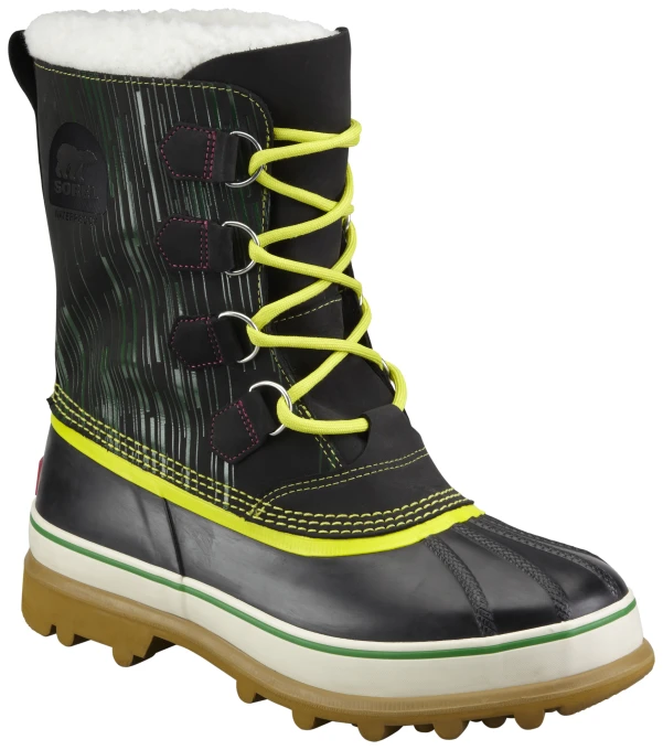 a women's black and yellow boots