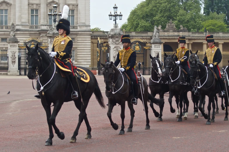 a group of people dressed in uniforms riding on the backs of horses