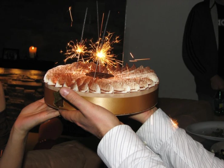 two people toasting over a cake with sparklers