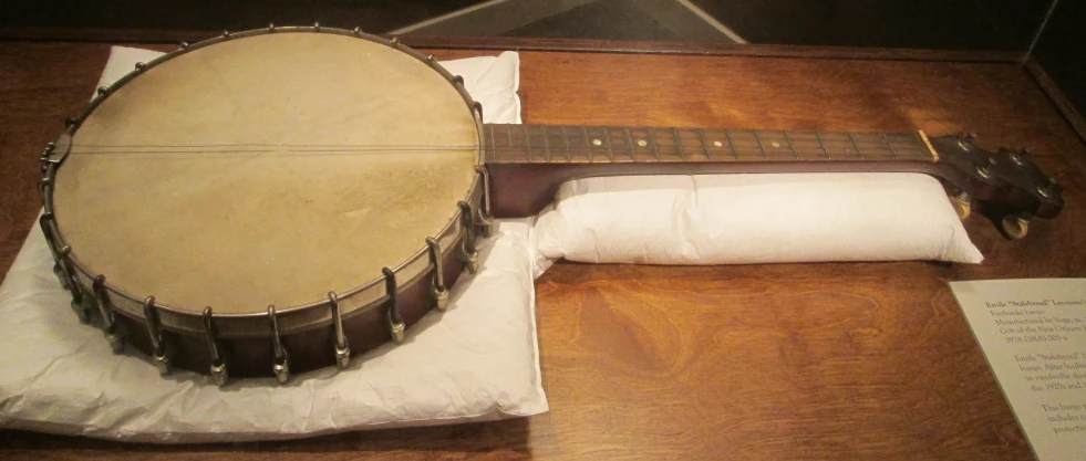 a close up of a musical instrument on a wooden table