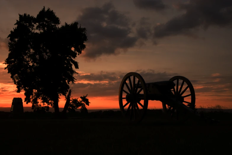 the silhouette of a cannon sits near the trees