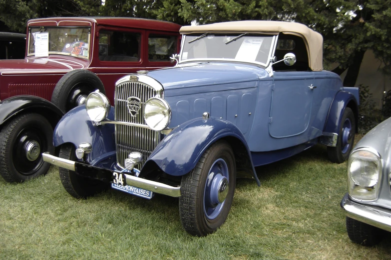 old cars lined up on grass in an exhibition