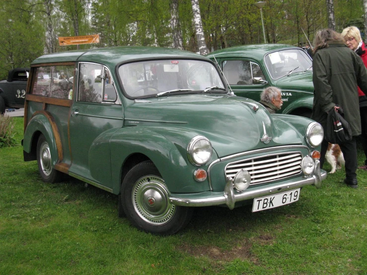 antique cars are parked on grass near two women and a dog