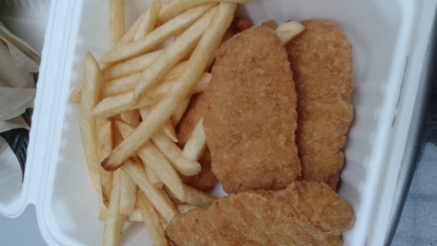 two fried chicken pieces and french fries are sitting in a box