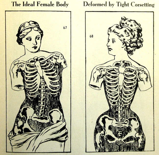vintage illustration shows skeleton in the dress of woman
