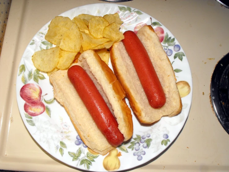 a plate with two  dogs and chips