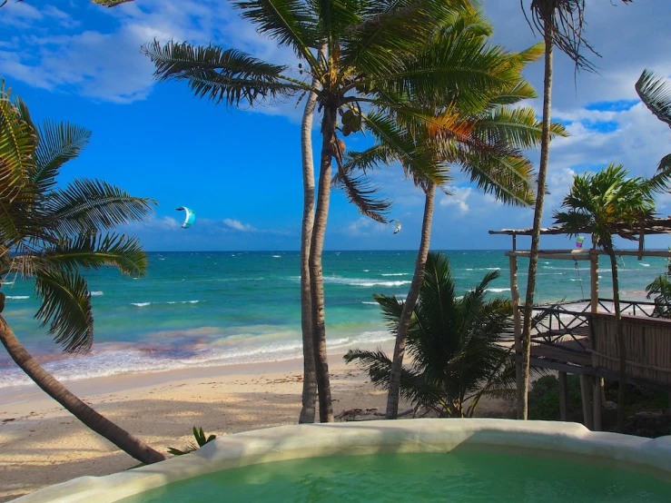 a  tub is surrounded by trees near the beach