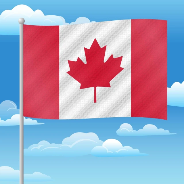 a canadian flag in the blue sky