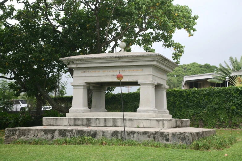 a statue sits at the base of a tree