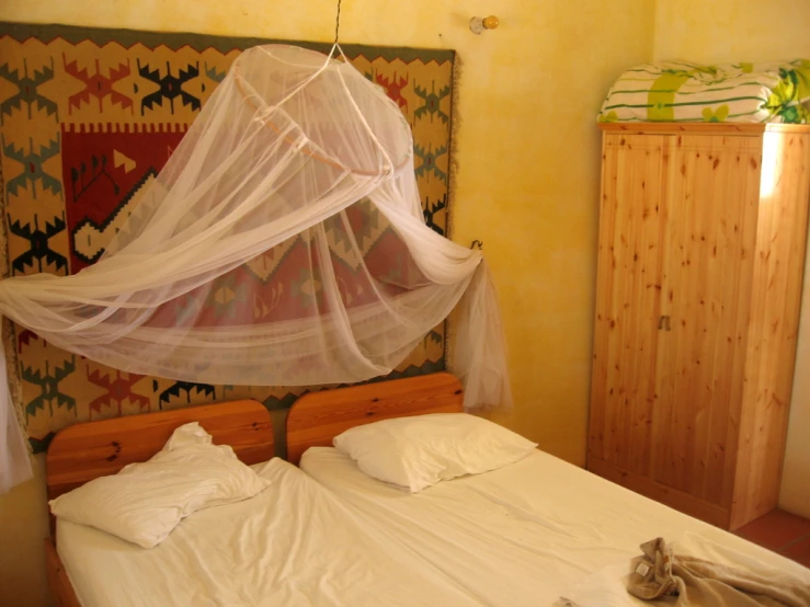 there is a bed with a mosquito net hanging over it
