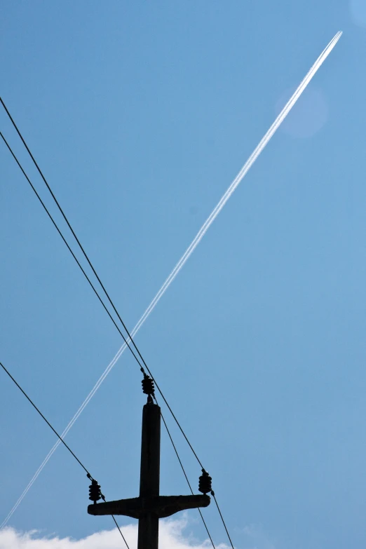 power lines crossing in the sky under a cross