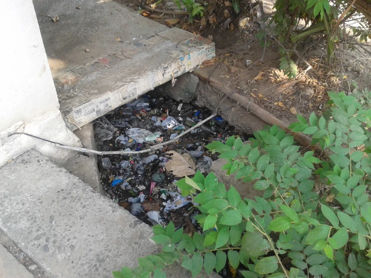 a drain that has been filled with garbage on a concrete walkway