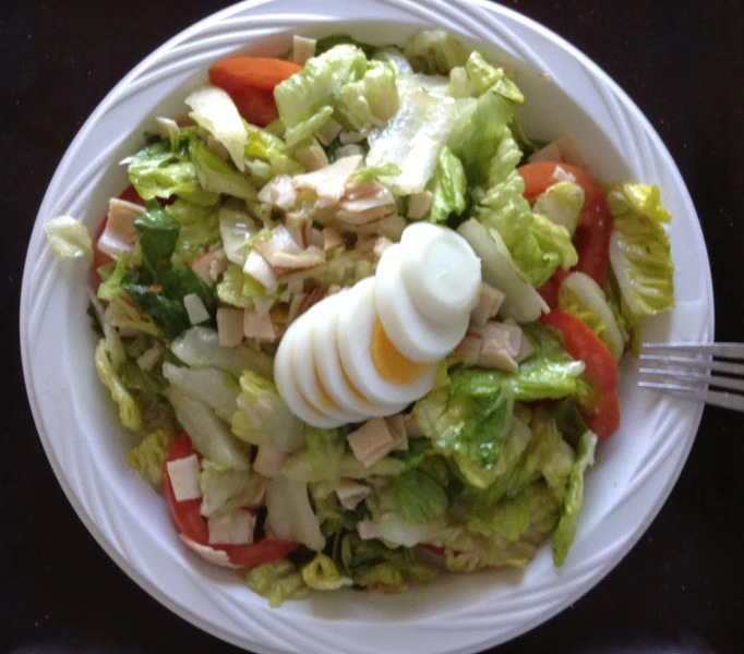 a salad on a plastic plate with a fork