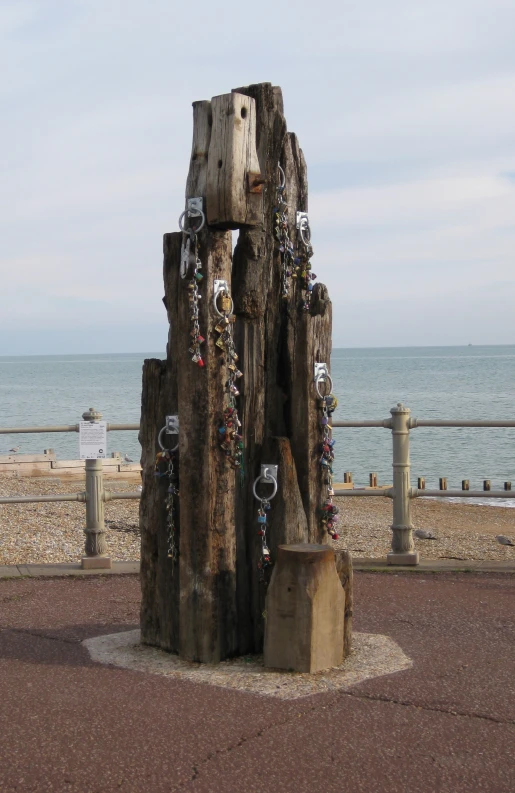 a sculpture made of nches next to the ocean