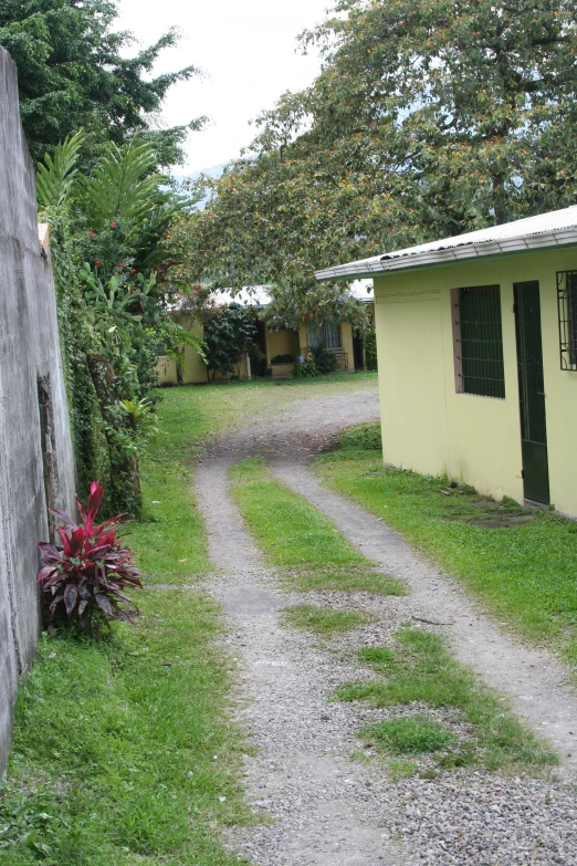 a gravel path through the grass next to a home