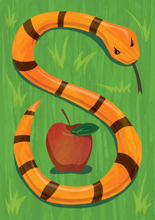 an apple and orange snake are shown on a green background