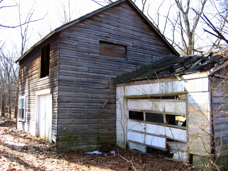 a dilapidated garage sits in the woods next to trees